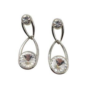 Vintage Bijoux Silver Tone Post Back Drop Earrings Clear Faceted Crystal Accents